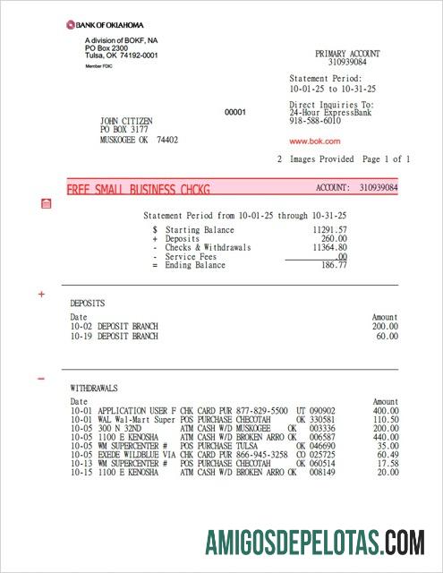 Extrato de conta em branco do USA Bank Of Oklahoma Modelo Word e PDF